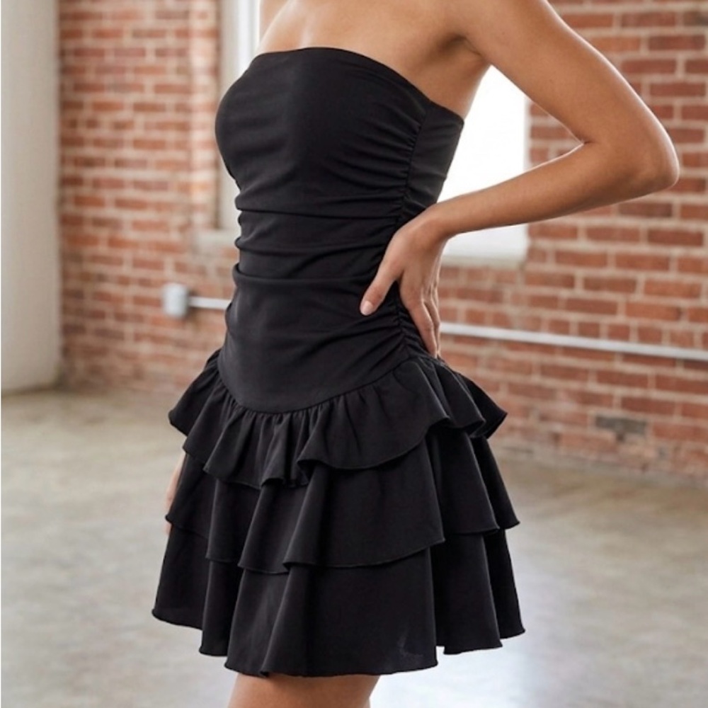 Black Strapless Ruffle Tiered Mini Dress with shorts